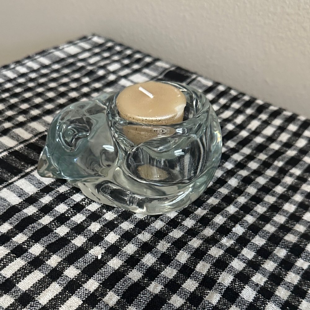 Vintage Indiana Glass Candle Holder with cat sleeping.